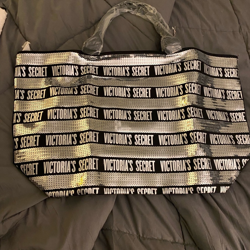 Victoria's Secret Black and Silver Sequin Logo Tote